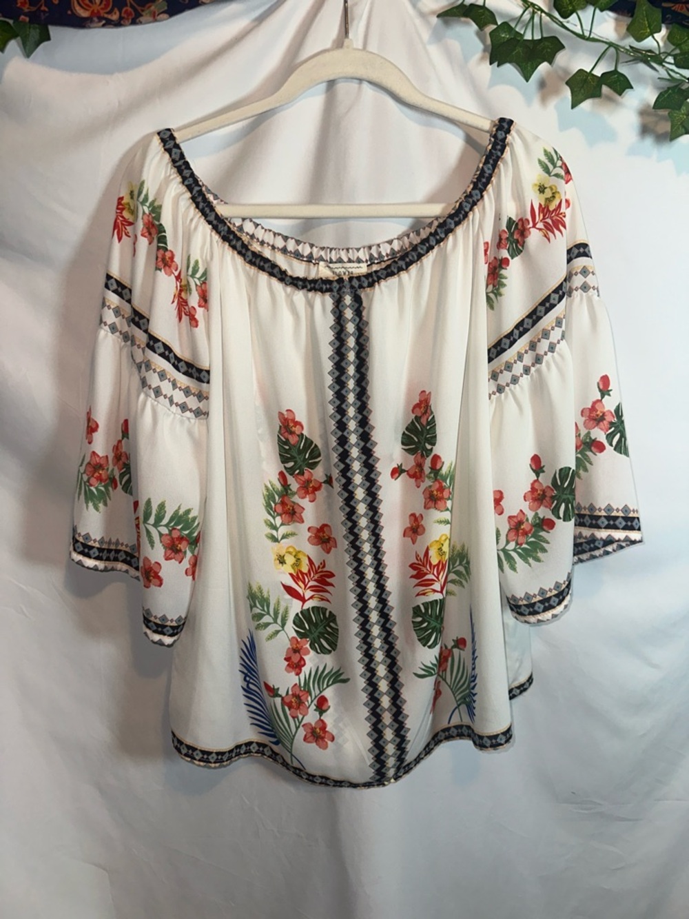 Boho White Off-Shoulder Floral Tunic